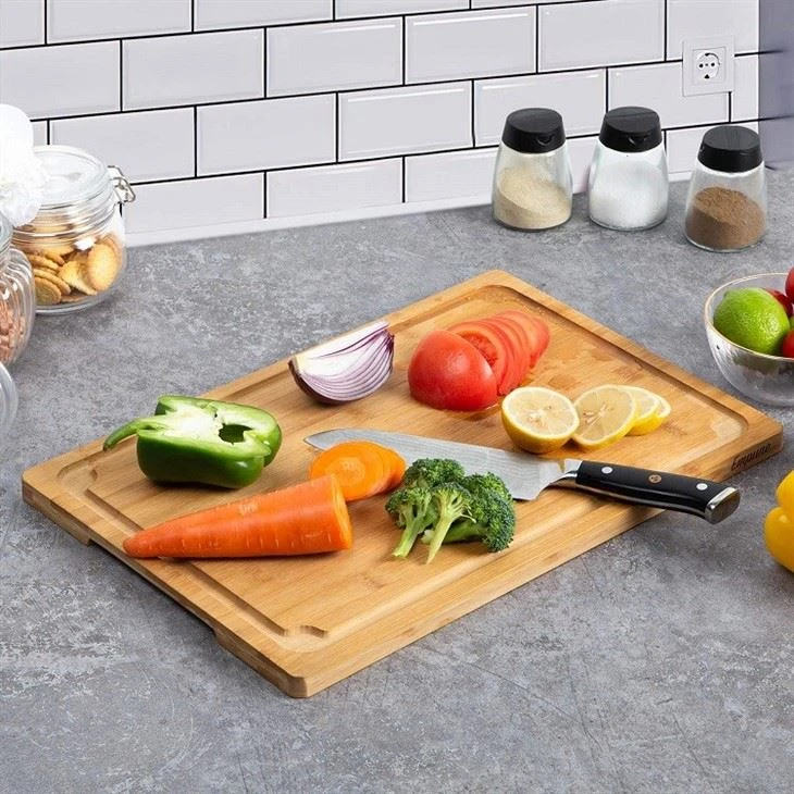 Bamboo Wood Serving Board Set With Deep Juice Groove Side Handles - Charcuterie & Chopping Butcher Block For Meat
